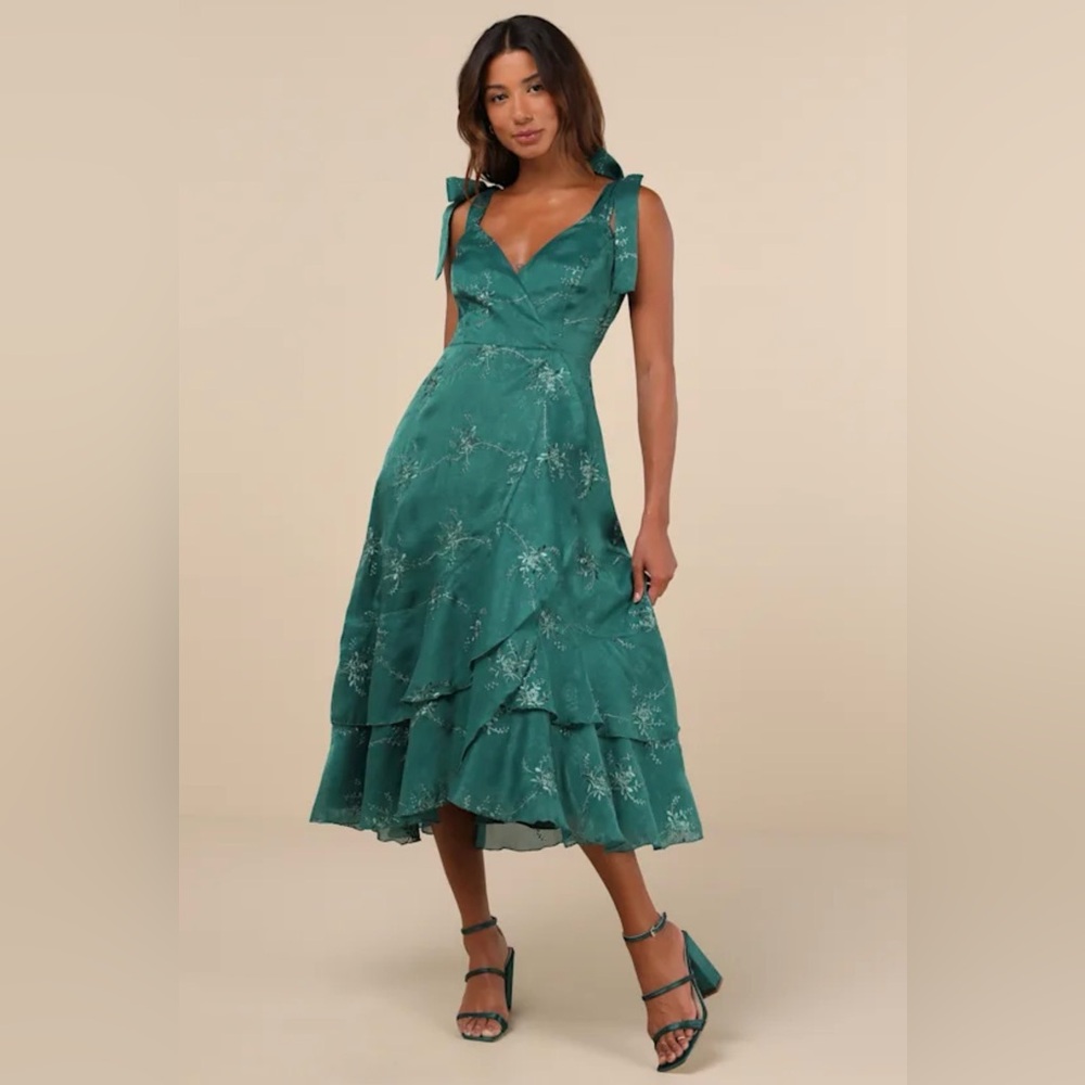 Lulu’s Elegant Direction Green Embroidered Ruffled Tie-Strap Midi Dress